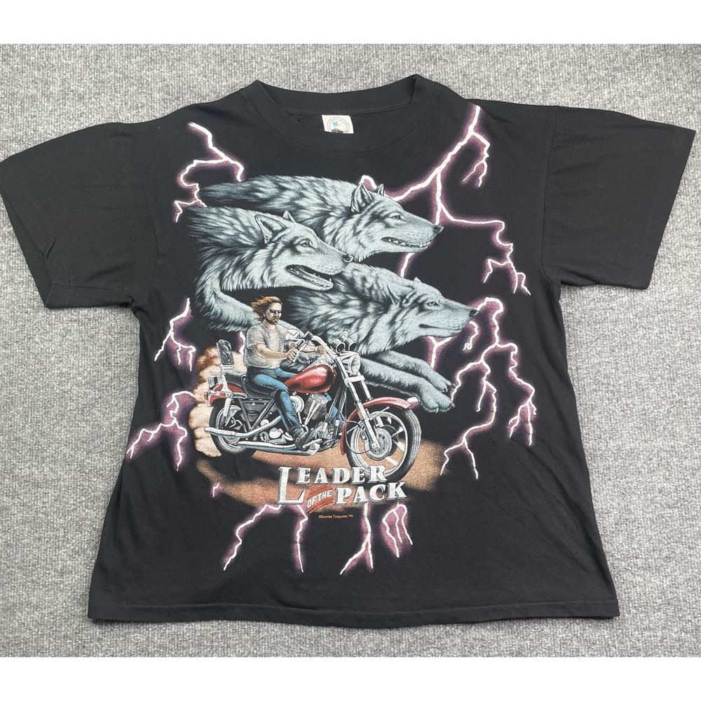 American Thunder Leader of the Pack T-Shirt Mens Large Black Wolves Motorcycle